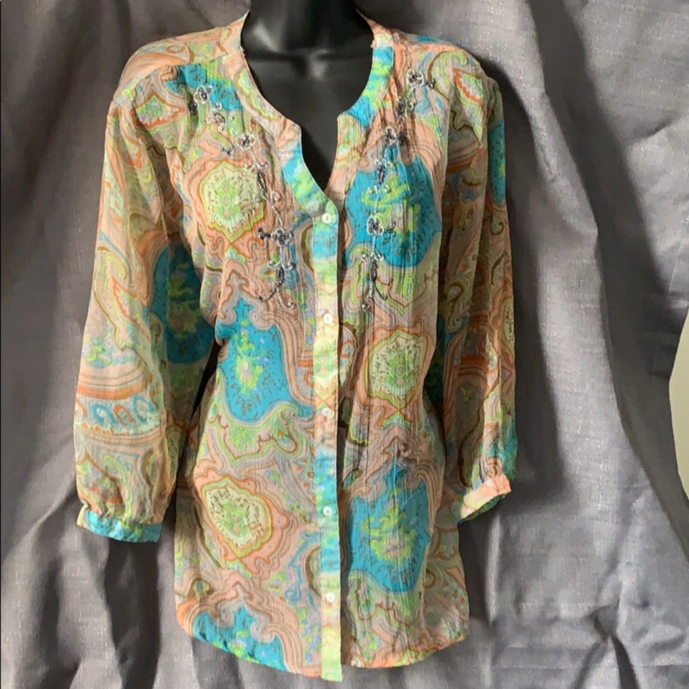 Long sleeve sheer turquoise and green blouse.